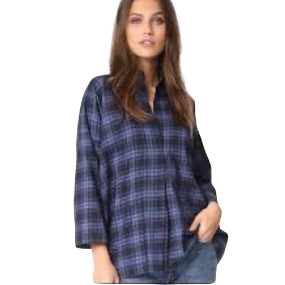 Vince‎ Plaid V Neck Tunic Shirt Blue Black Womens XS Relaxed Fit Cotton